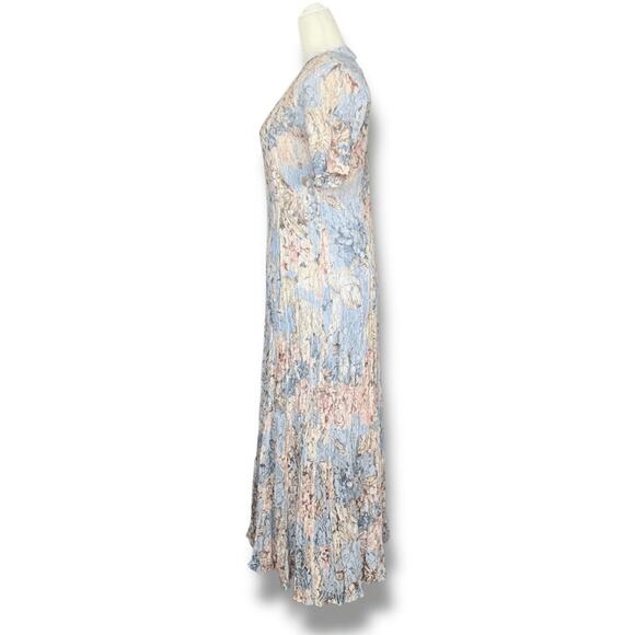 Vintage 90s Crinkle Lace Panels Maxi Dress Medium Pastel Blue Floral Pattern - Picture 2 of 9